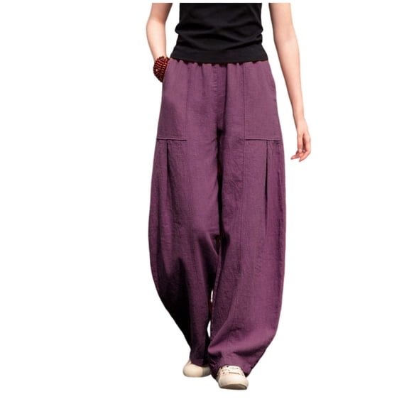 Hurxie Women's Linen Wide Leg Pants Casual Elastic Waist Loose Lantern Trousers Front Pockets Purple,5XL