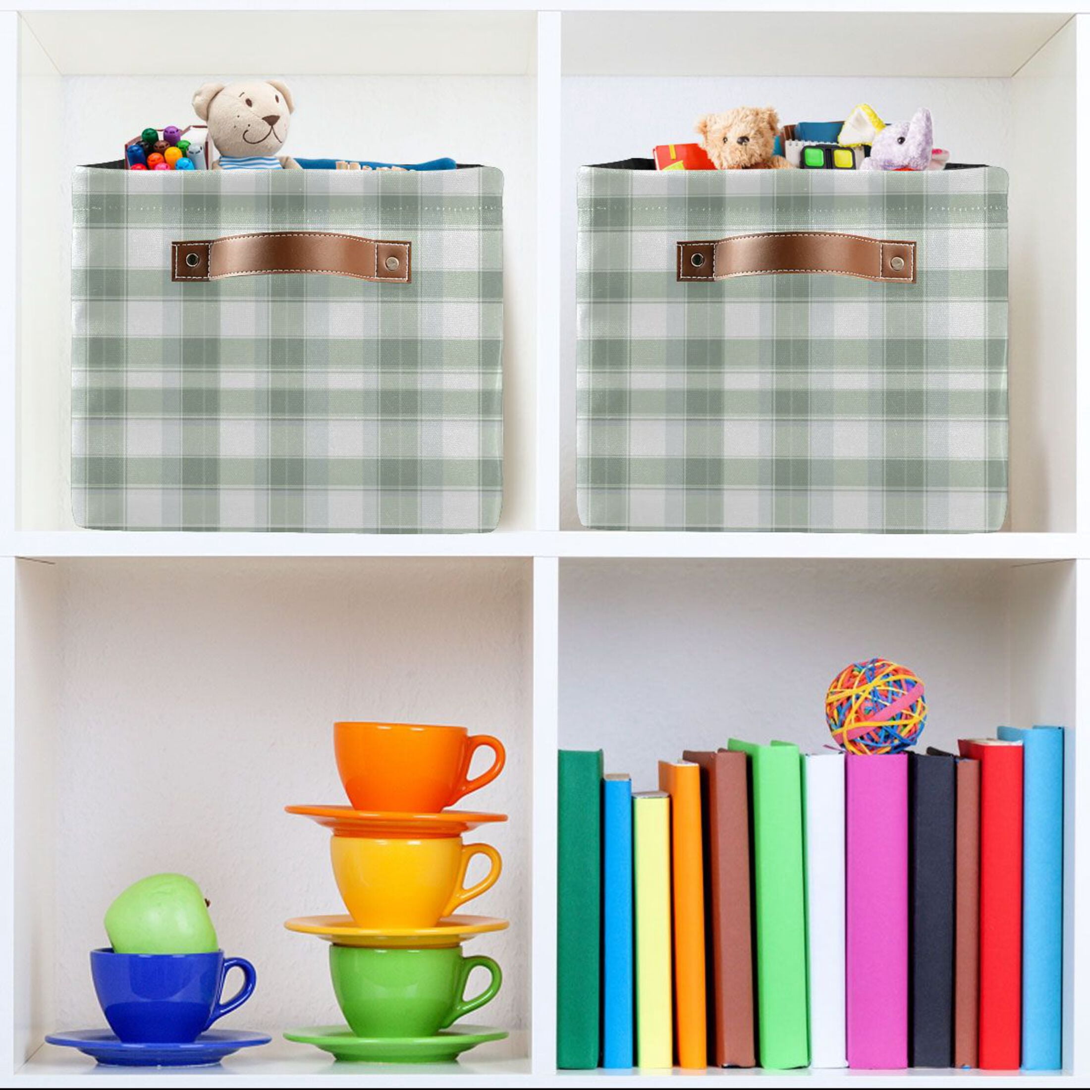 Gray and Green Plaid Foldable Storage Basket,Canvas Fabric Foldable Storage Bins with Handles Open Home Storage Bins Boxes for Toy Book Shelf Closet Baskets