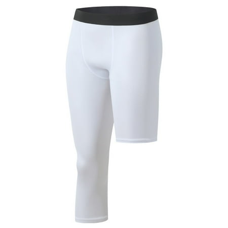 YLSDY Mens Youth One Leg 3/4 Compression Tights for Football Basketball Capri Tights Athletic Base Layer Pants White 8