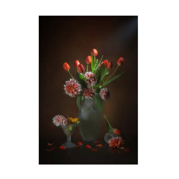 Canvas Wall Art - Lydia Jacobs 'Orange Tulips And Dahlia' Wall Art for Living Room, Bedroom, or Office Décor by Trademark Fine Art - 12 x 19 Inches