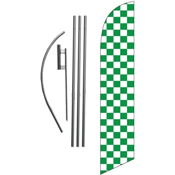 Checkered Green and White 15ft Feather Banner Swooper Flag Kit - INCLUDES 15FT POLE KIT w/GROUND SPIKE