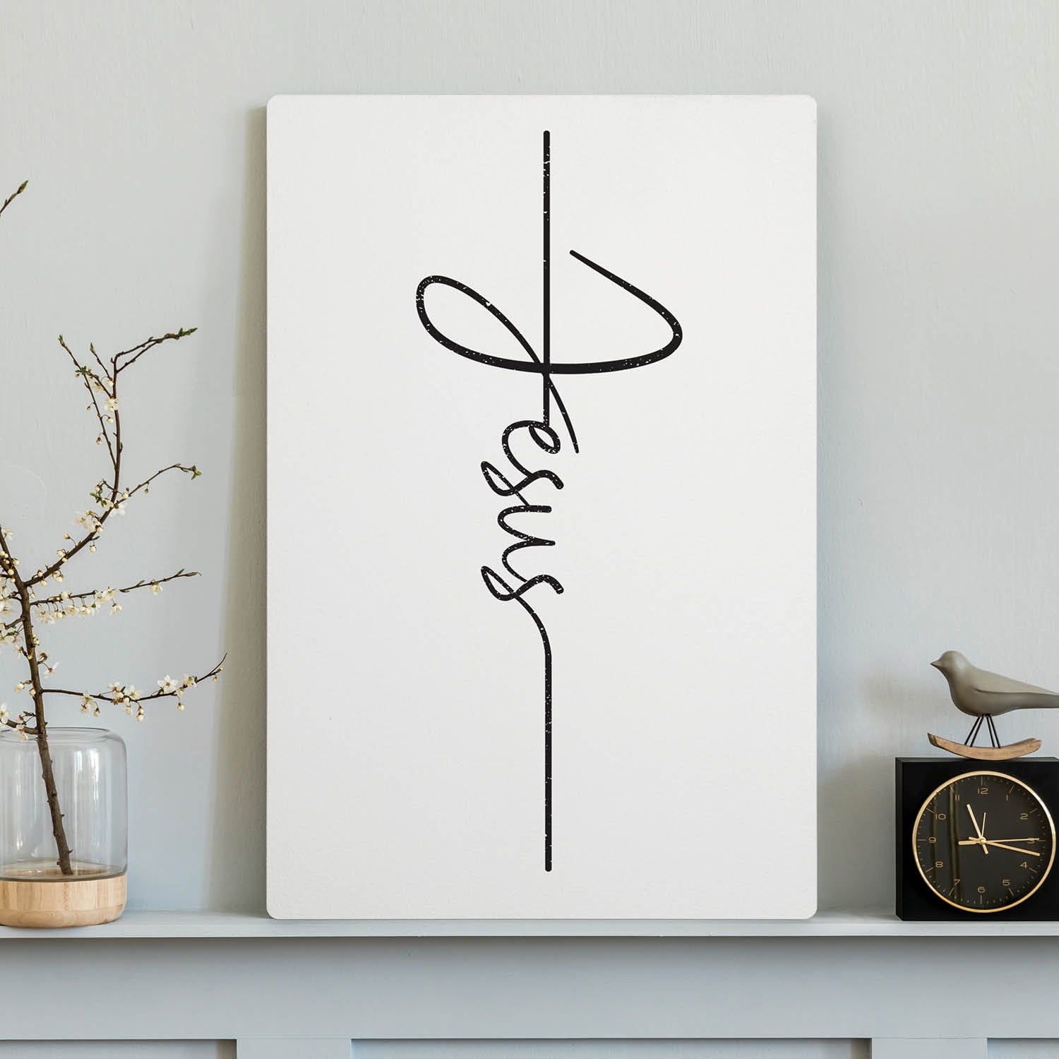 Personalized Planet Jesus Cross Spiritual Wall Art | Black Letters on Rectangular White Wood | 10x15