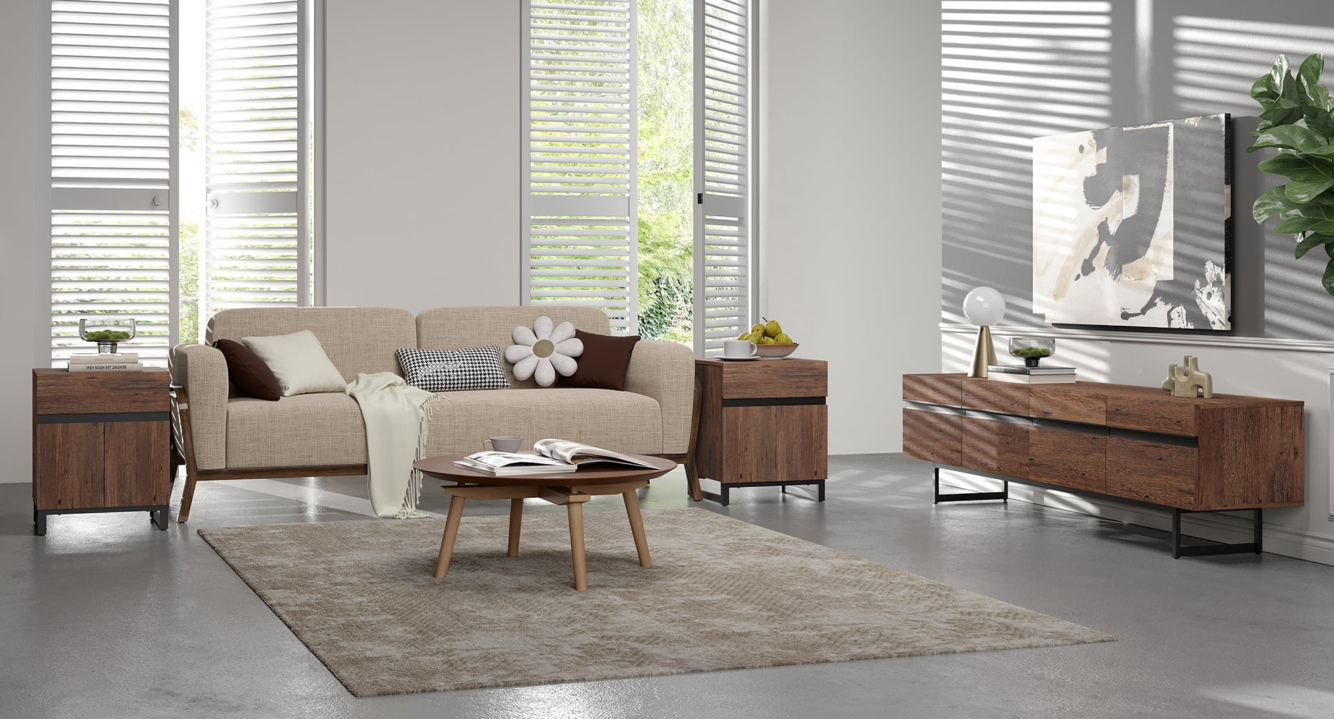 Modern 3-Piece Living Room Set: 71" TV Stand with Storage Cabinet + 2 End Tables with Drawers for Living Room, TV Entertainment Center, Console TV,Brown