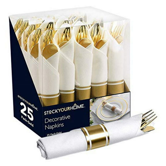 Pre Rolled Plastic Silverware Sets for Parties (25 Pack) Gold Cutlery Set, Disposable Spoons, Forks, Knives, Napkins Prewrapped, Heavy Duty Utensils Individually Wrapped for Wedding, Thanksgiving