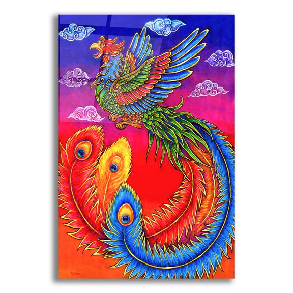Epic Art 'Fenghuang Chinese Phoenix Rainbow Bird' by Rebecca Wang Art, Acrylic Glass Wall Art, 12"x16"