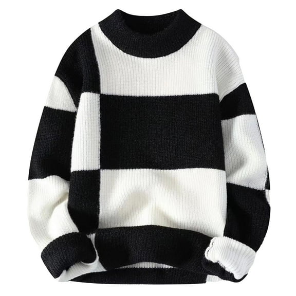 comerut Men Autumn Winter Contrast Color Sweater O-neck Long Sleeve Thickened Warm Knitting Tops High Elastic Knitwear