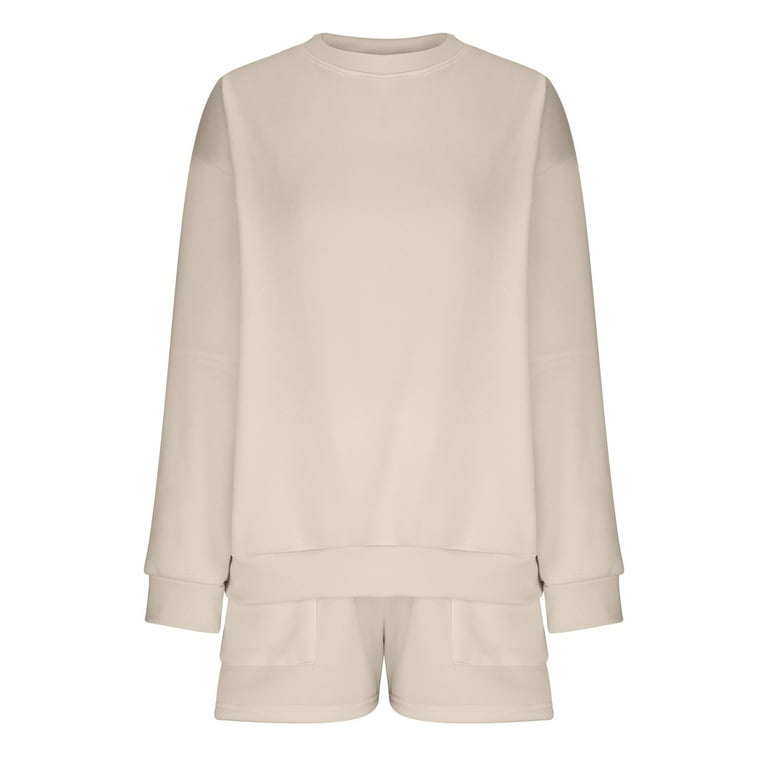 トップス WASHEDCOTTON LONG SLEEVE PULLOVER 2P QUYUON Sweatshirt and Shorts Set Clearance Women 2 Piece