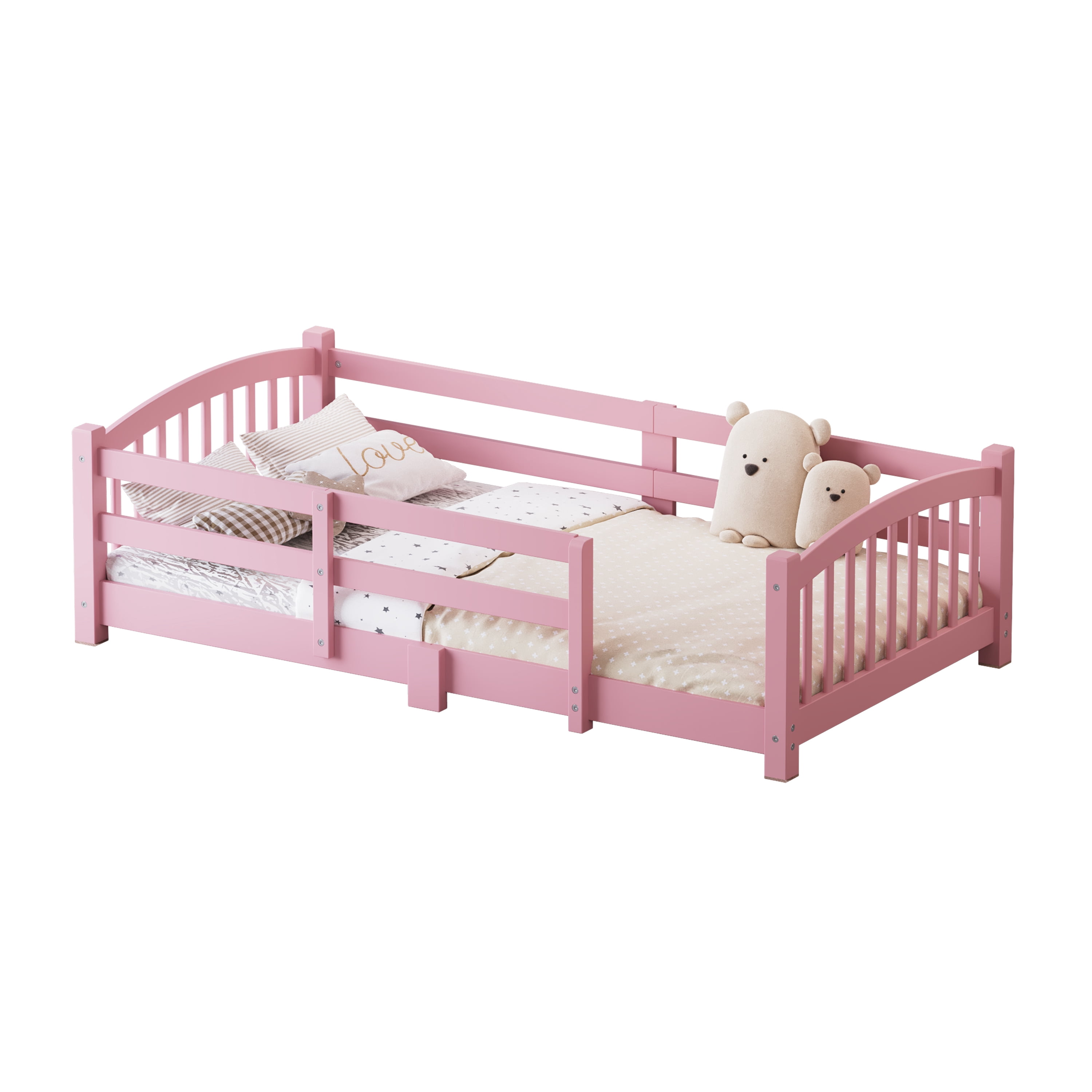 Euroco Wood Twin Size Platform Bed, Montessori Floor Bed with Safety Guardrails, Pink