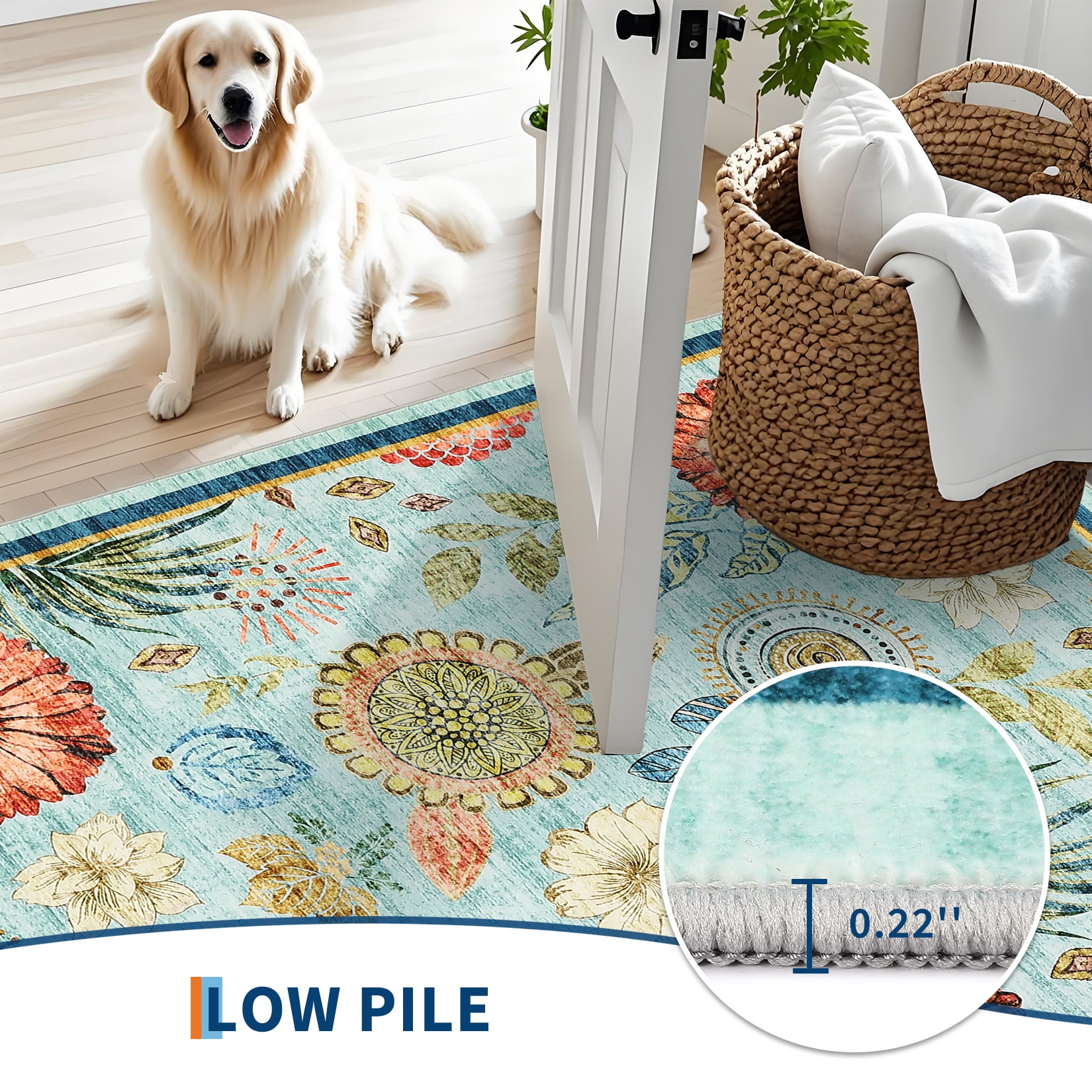 HOMERRY Floral Print Non Slip Area Rug 9' x 12' for Living Room Washable Indoor Carpet, Blue