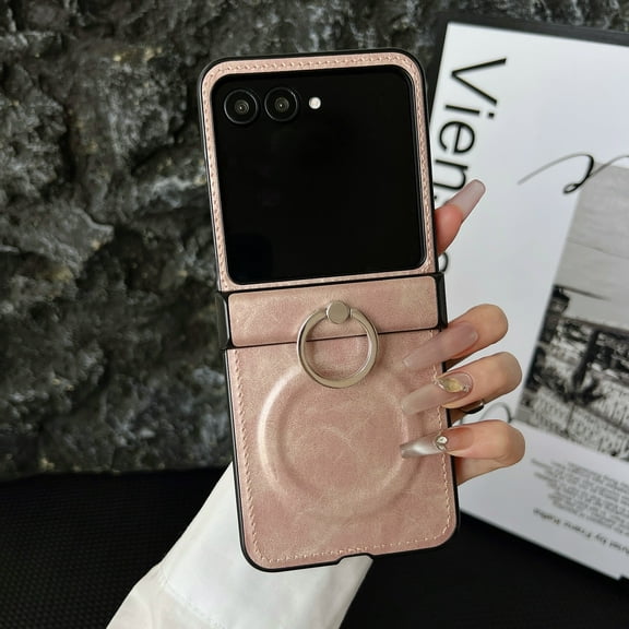 Dteck Magnetic Case for Motorola Razr Ultra 2025,Shockproof Ring Holder Stand Case Compatible with MagSafe Leather Hinge Protection Cover for Motorola Razr Ultra 2025,Pink