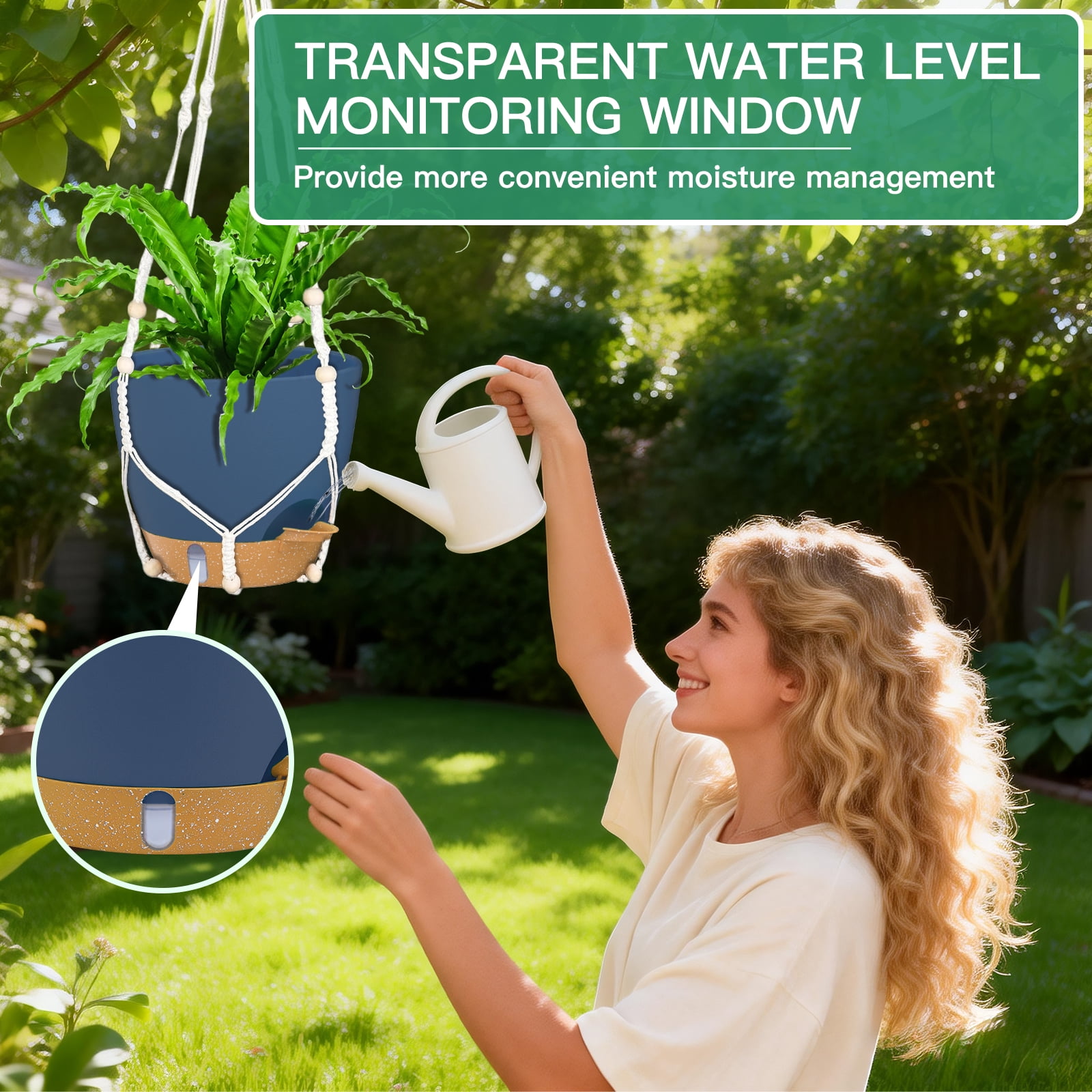 FIASON 2 Pack 10 Inch Blue Self-Watering Hanging Planters, Indoor Outdoor Flower Pots with Visual Water Reservoir, Drainage Holes & 2 Types of Plant Hangers for Garden Home Decor