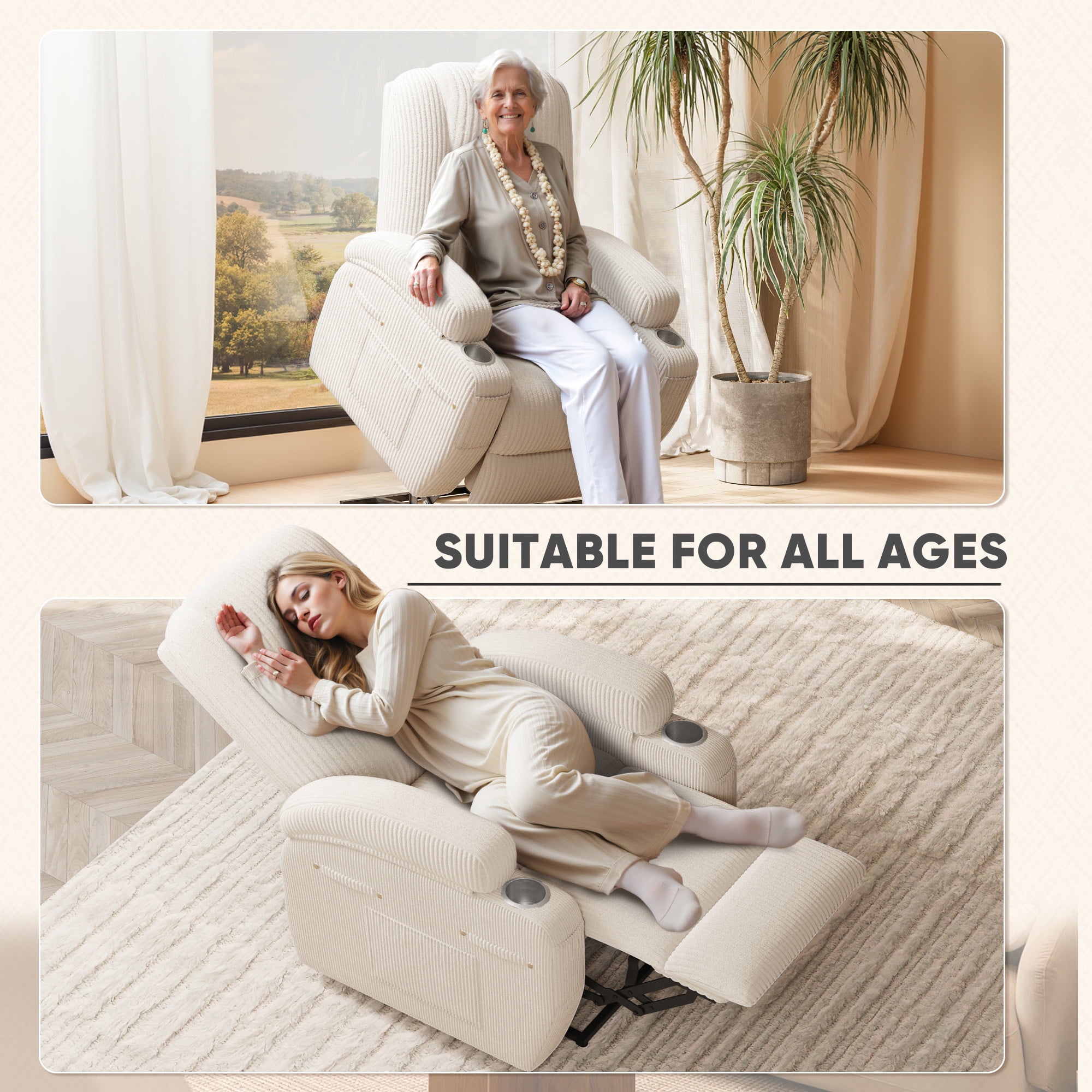 Homall Power Lift Recliner with Eight Vibrating Massages Ergonomic Single Sofa with Side Pocket and Soft Corduroy for Elderly,Corduroy Beige