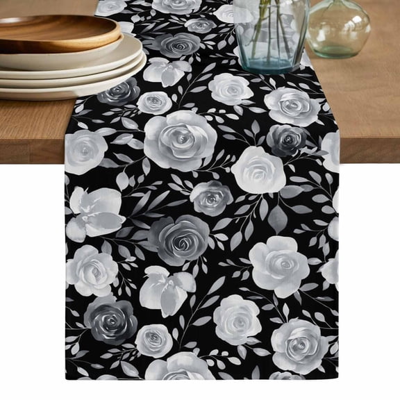 Black Flowers Table Runner, Watercolor Vintage Floral Leaves Country Washable Cotton Linen Table Runners 90 Inches Long, Dresser Scarf Runner for Dining/Coffee/Kitchen/Hallway Tables 13''x90''