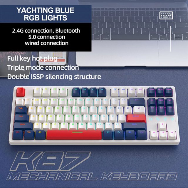 K87 Gaming Keyboard 3-mode Connection Hot Swappable RGB Backlit Keyboard for Laptop PC Yacht Blue K87rgb Red-axis