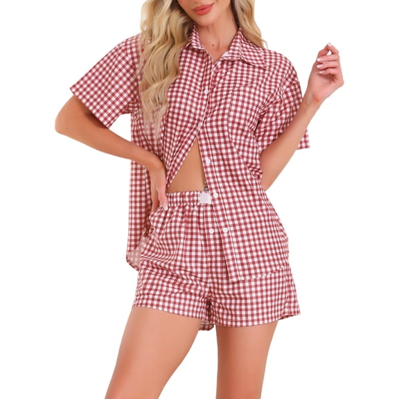 DARING DIVA 2 Pieces Plaid Pajama Short Sleeve Set Button Down Shirt XS Red