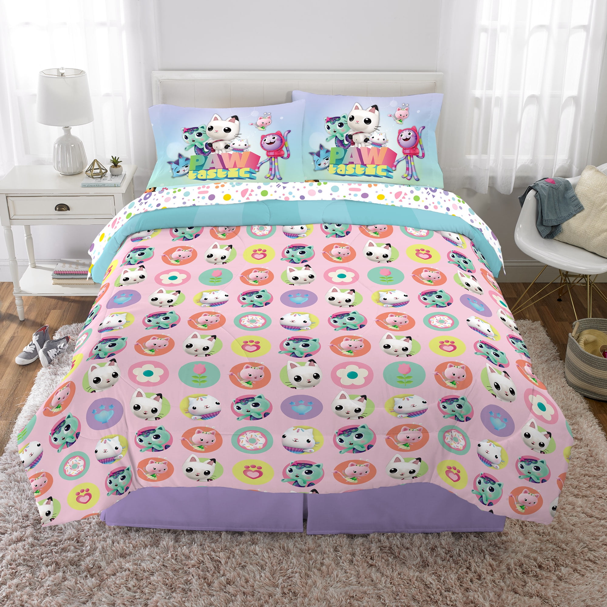 Gabby's Dollhouse Kids 5 Piece Teal Blue White Reversible Comforter, Bed in a Bag, Full