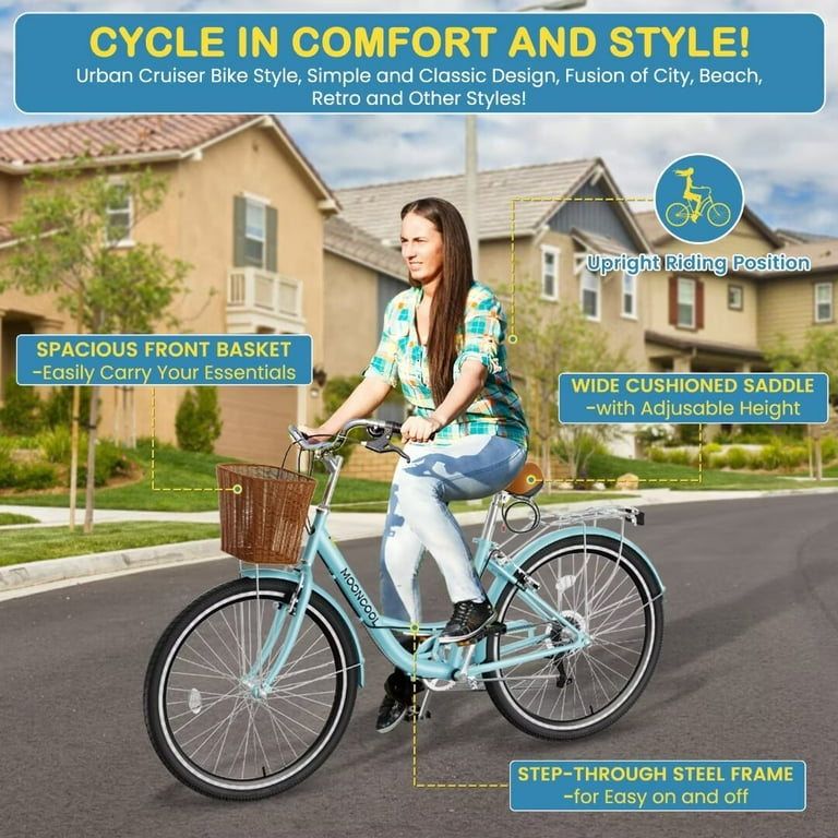 Mooncool 24 26 Inch Beach Cruiser Bike for Women 7 Speed Commute Bike for Adults Womens Bicycle with Ratten Basket Rack Multiple Color Walmart