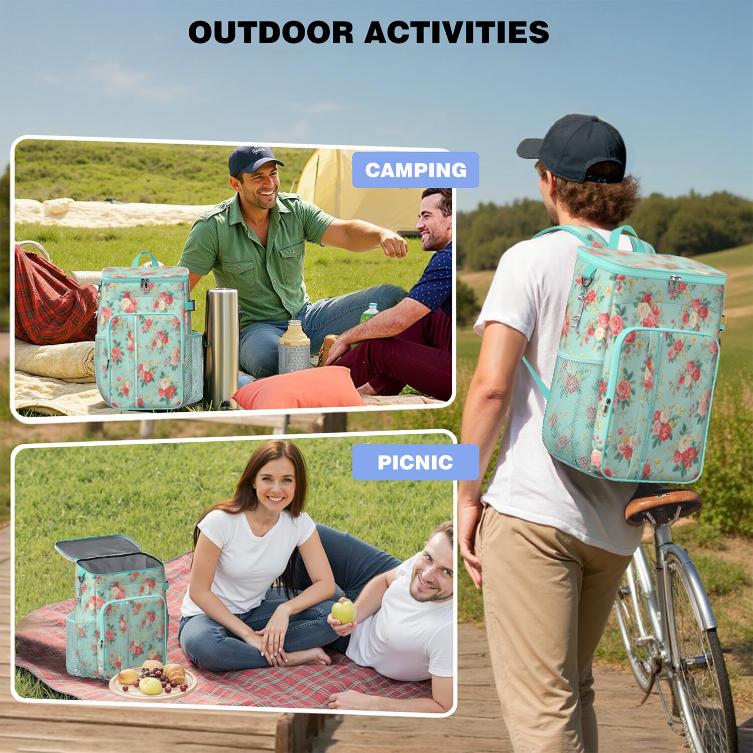 Travel Cooler Bag - Pioneer Flower Camping Beer Cooler Backpack with Bottle Opener- Waterproof Insulated Picnic Backpacks - Cooler Bag for Beach