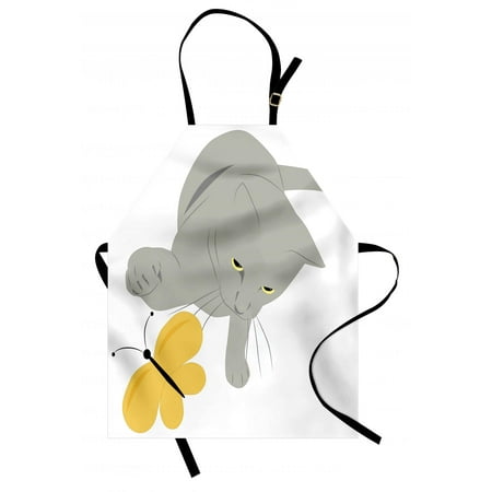 Grey and Yellow Apron Cat Pet Feline Best Friend Playing with Spring Butterfly Print, Unisex Kitchen Bib Apron with Adjustable Neck for Cooking Baking Gardening, Black Marigold and Grey, by (Best Springs For Koni Yellows)
