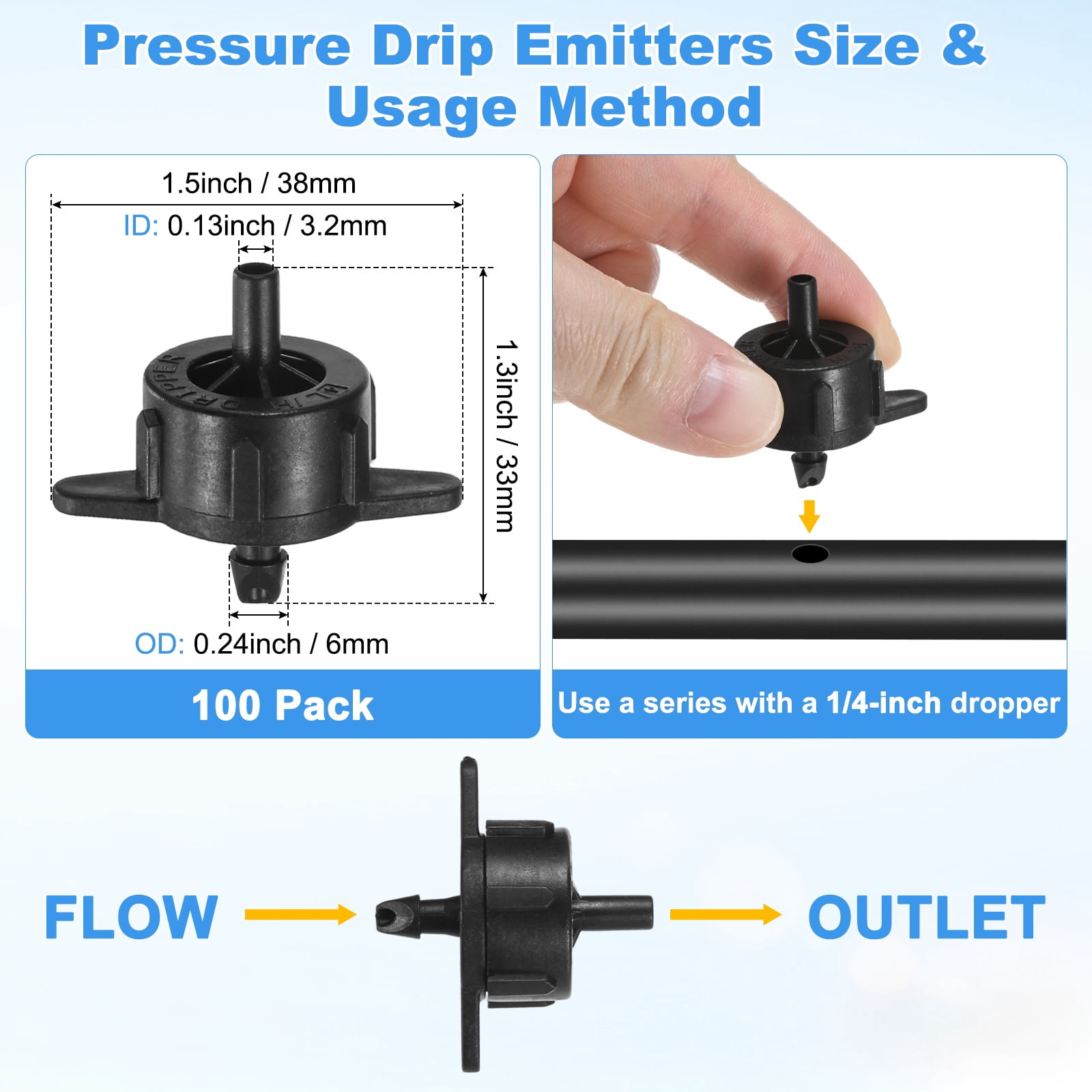 Uxcell 100-Pack Drip Irrigation Emitters, 1 GPH Plastic Irrigation Drippers for Garden Lawn Drip Irrigation System [Black]