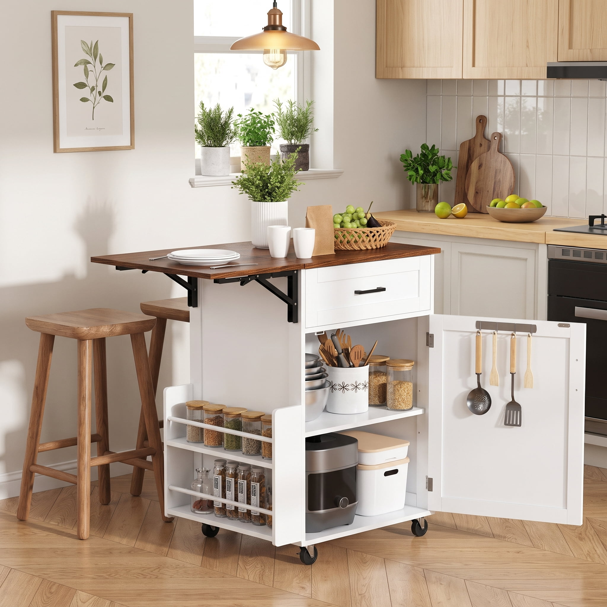 Homy Casa 39" Rolling Kitchen Island with Drop Leaf, Storage Cabinet, Drawer and Wheels White
