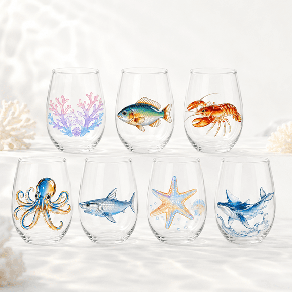 Artisanal Blue Ringed Octopus Glassware, 3D Ocean Glass Wine Glass with Fish Lobster Octopus Shark Starfish Whale and Coral Designs for Parties Home Bars and Coastal Decor