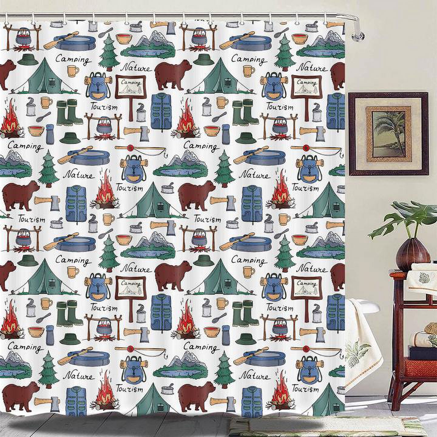 Travel Shower Curtain,Camper Shower Curtain,Farmhouse Camping Shorter and Narrow Stall Fabric Bathroom Decor Hooks Included 48X72in