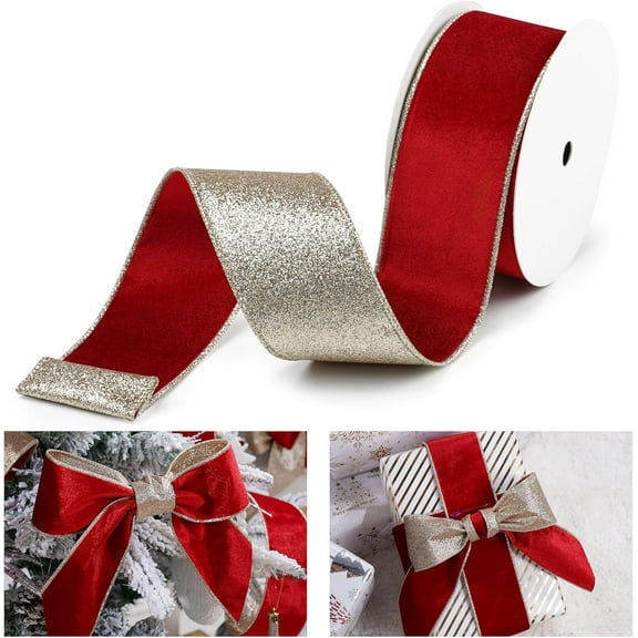 Wired Ribbon with Glitter Back 2.5 Inch Christmas Wired Ribbon for Christmas Tree Decorations, Gift Wrapping, Mantel, Wreaths Supplies, Topper Bows (10 Yards)