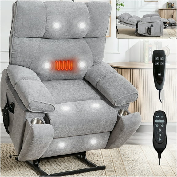 JERFIT Electric Power Lift Recliner Chair with Massage and Heat, Infinite Positioning Dual Motor, Heavy Duty for Elderly, Gray Chenille