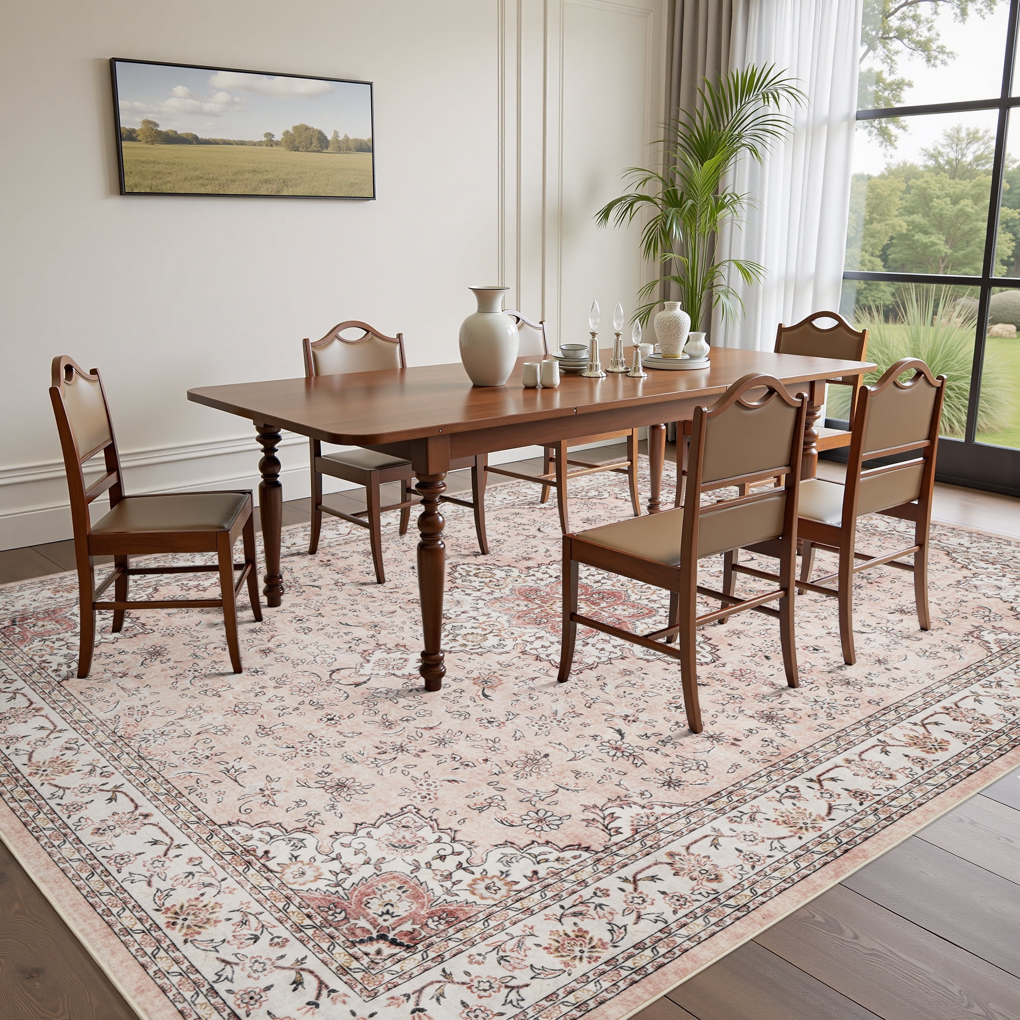 SIXHOME 9x12 Feet Washable Non-Slip Area Rug - Traditional Distressed Vintage Pink Rug with Retro Floral Design, Ultra-Soft Indoor Large Carpet for Living Room, Bedroom, Dining Room