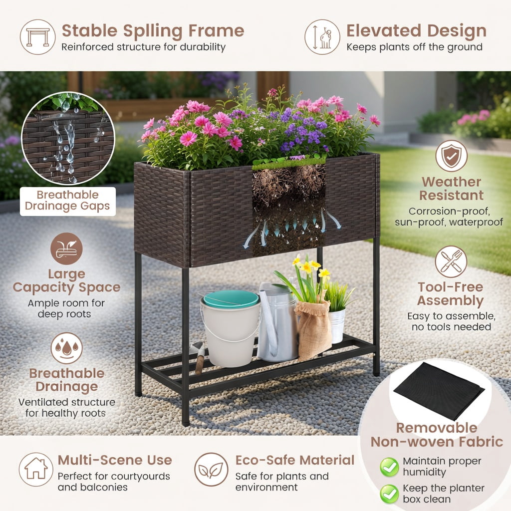 GVN Planter Garden Boxes Outdoor,Wicker Raised Garden Bed with Storage Shelf and Removable Liner for Flowers