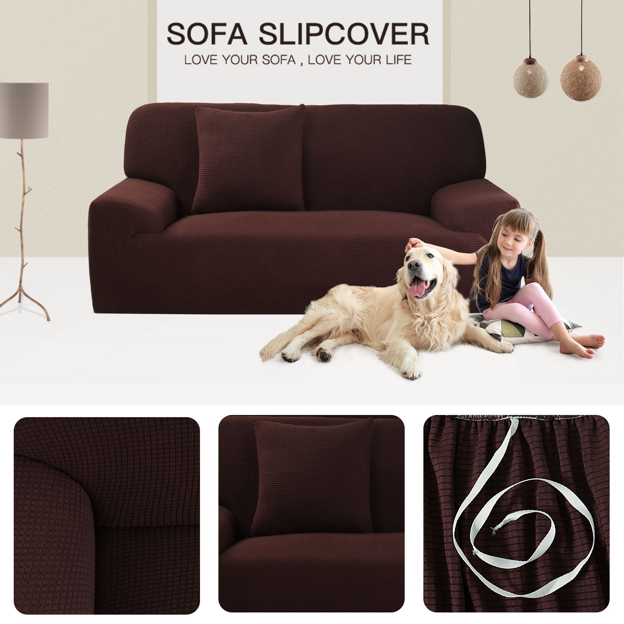 Unique Bargains 1-Piece Jacquard Solid Stretch Loveseat Slipcover, Coffee