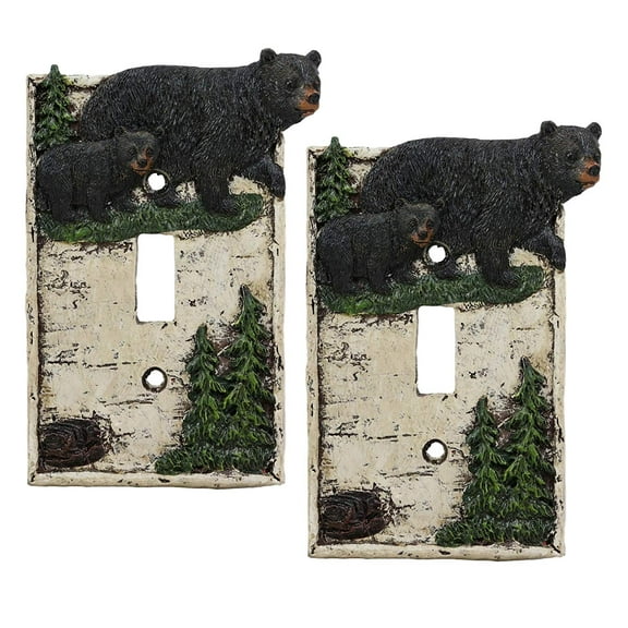 Ebros Set of 2 Rustic Pine Trees Black Mother Bear & Cub Wall Light Cover Plate