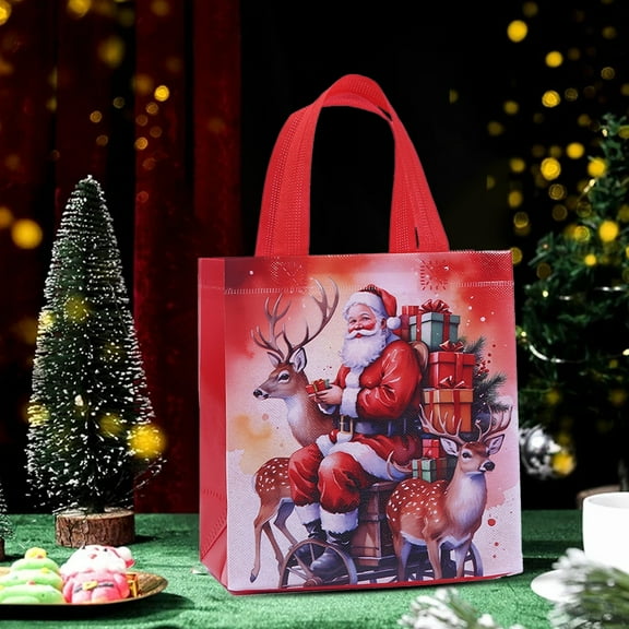 Christmas Santa Gift Bag - Red Non-Woven Shopping Bag with Santa Bicycle Print, Festive Reusable Tote for Holiday Presents, Party Favors & Gift Wrapping