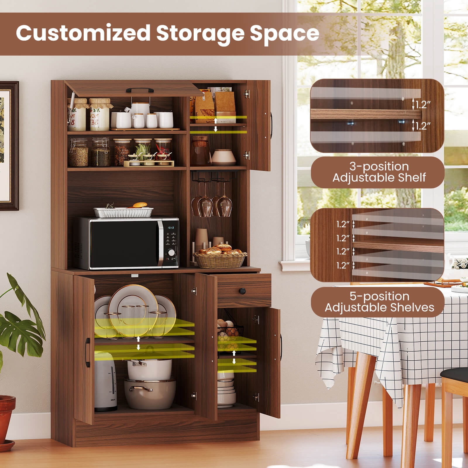 Costway 66" Pantry Cabinet Tall Kitchen Storage Cabinet with Charging Station Brown