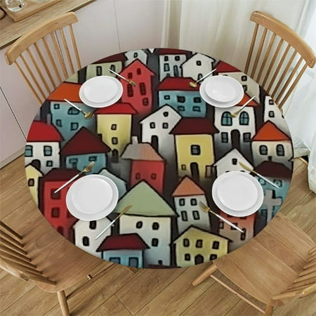 

Xllo0ord Round Fitted Tablecloth Heart Shaped Buildings Elastic Edge Waterproof and wipeable Fits Tables 42-46