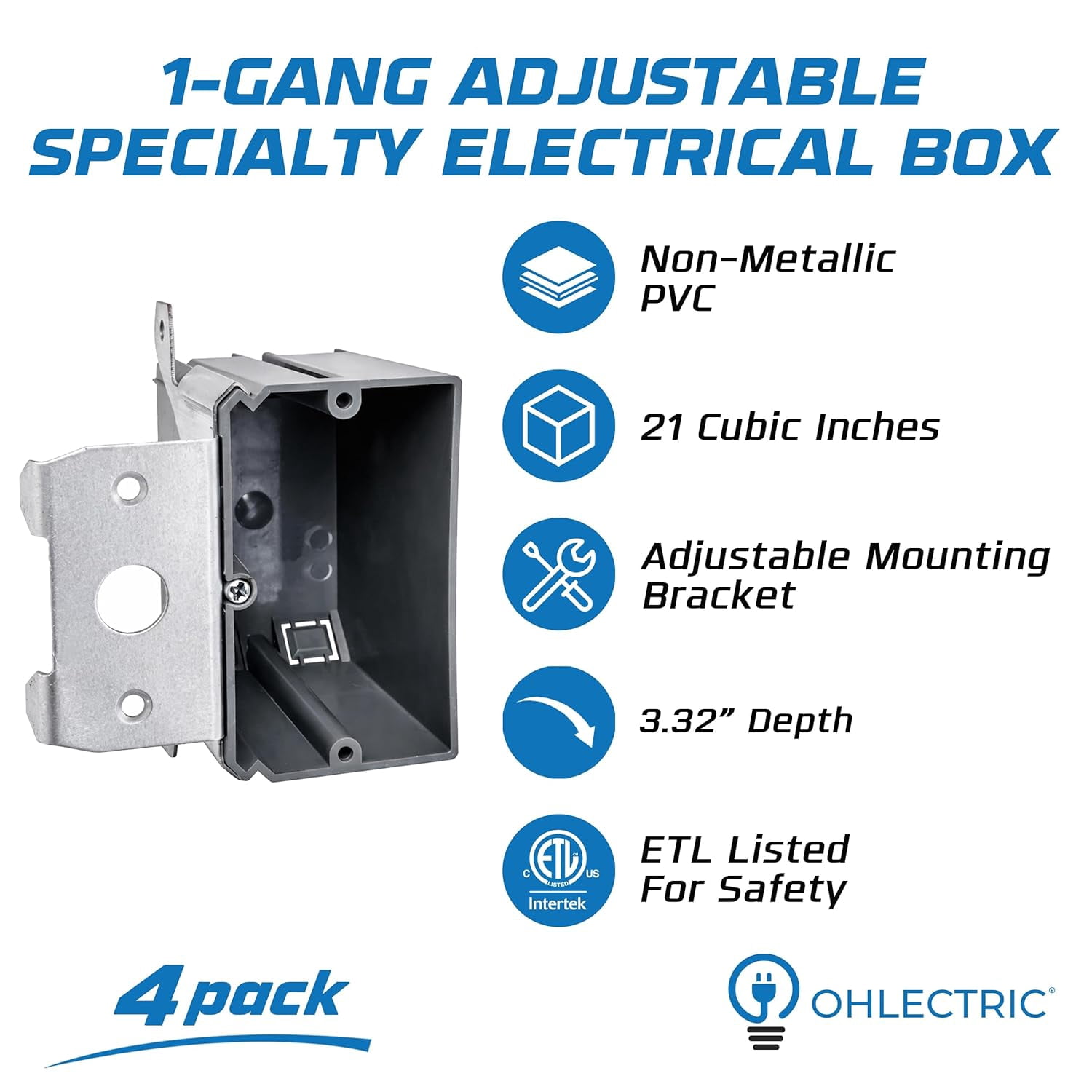 OHLECTRIC 1-Gang Old Work Electrical Outlet Box (10-Pack), 21 Cu in PVC Junction Enclosure, Mounting Tabs, GFCI/Duplex Compatible, ETL Listed
