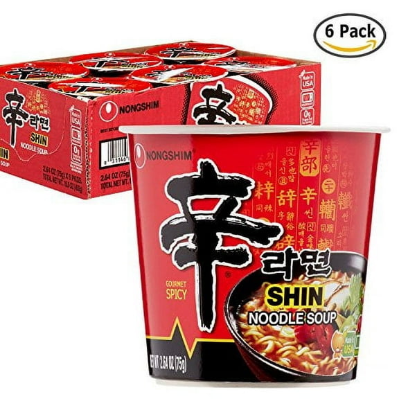 NineChef Bundle - Nongshim Shin Spicy Ramen Instant Gourmet Cup Noodle (Pack of 6)   1 NineChef Brand Long Handle Spoon