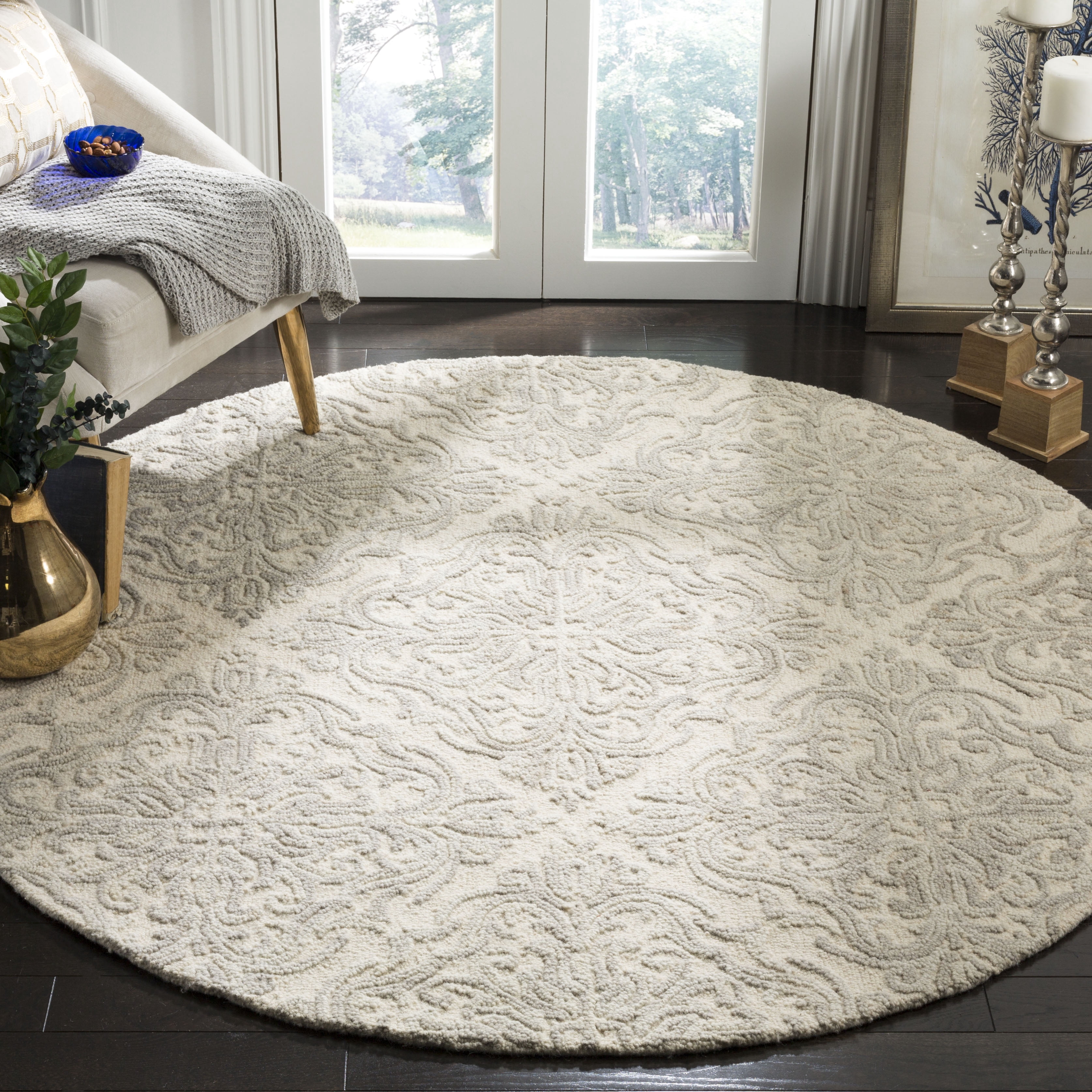 SAFAVIEH Blossom Githa Geometric Wool Area Rug, Ivory/Grey, 8' x 8' Round