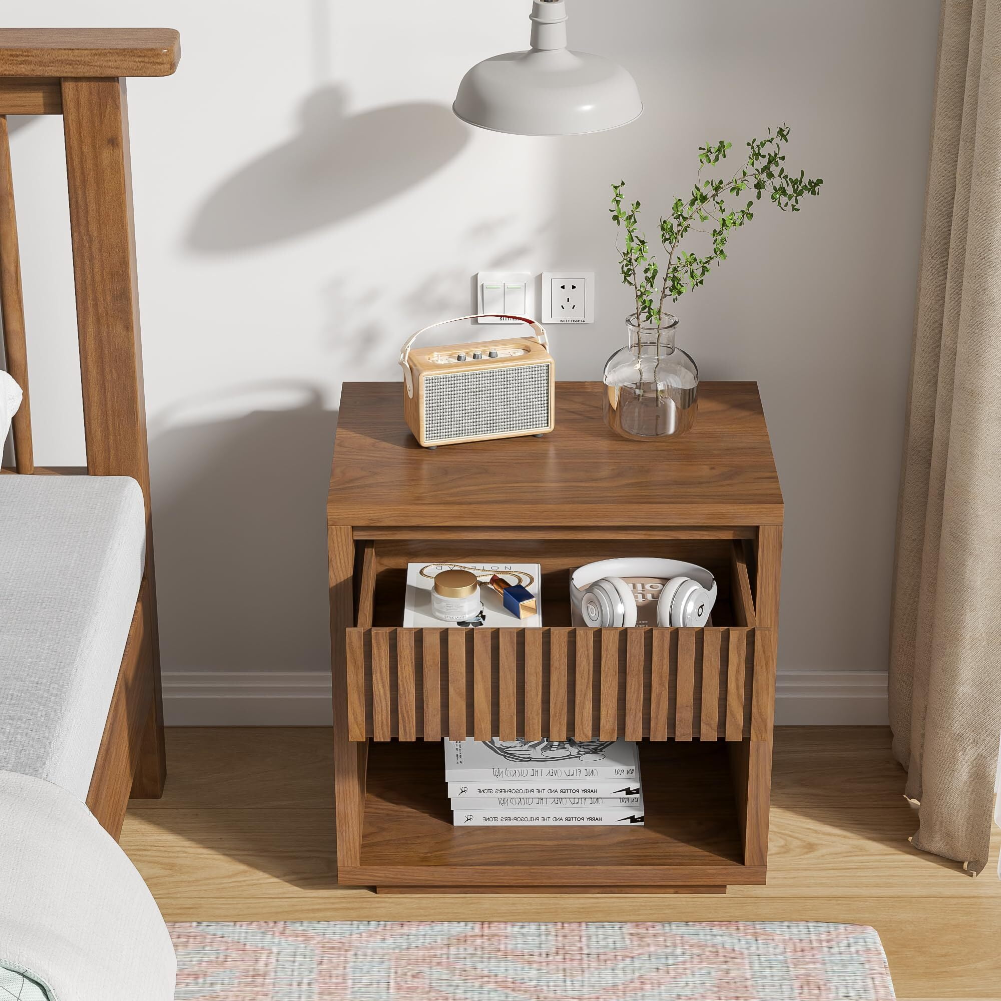 Fluted Nightstand with Drawer Storage, Mid Century Bedside End Table for Bedroom, Walnut, 1 pcs