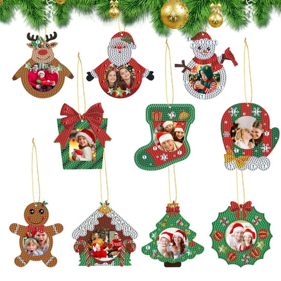 10pcs Christmas Diamond Painting Kit with Pendants Fawn, Bear and Wreath DIY 5D Sparkling Decorations Suitable for Christmas Trees, Home Decor and Party Gifts