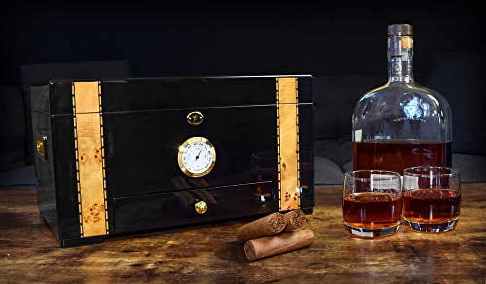 69Bourbons Cigars Humidor- Humidor Cigar Box for 150 Cigars- Cigar Box Gift for Smokers - Travel Humidor in Spanish Cedar Wood Interior, Accessory Drawer and Exterior Hygrometer for Cigar Humidor