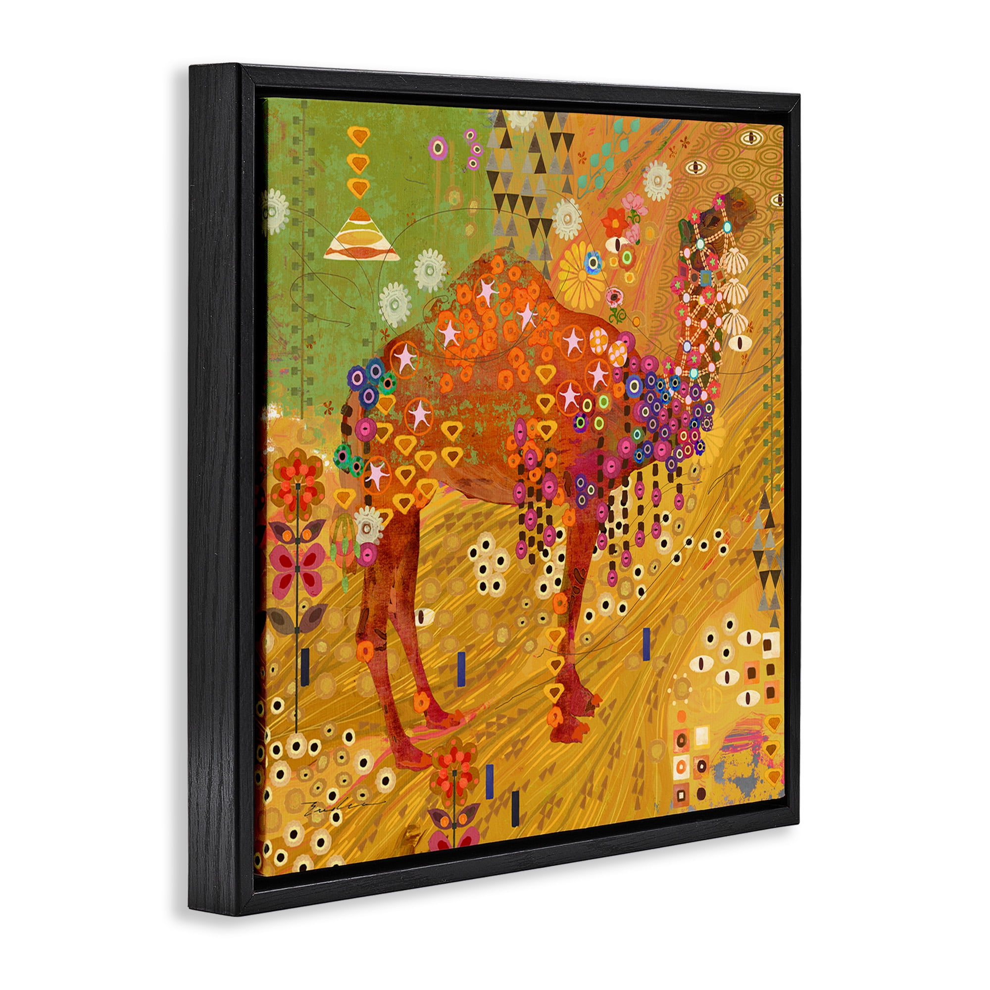 Stupell Industries Boho Patterned Camel Animals & Insects Painting Black Floater Framed Canvas Art Print Wall Art, 25 x 25