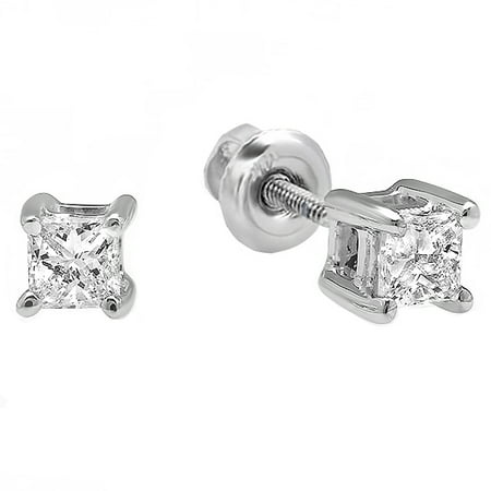 0.49 Ct Princess Shape - 10k White Gold Princess Diamond Square Shape Ladies Solitaire Stud Earrings 1/5 CT