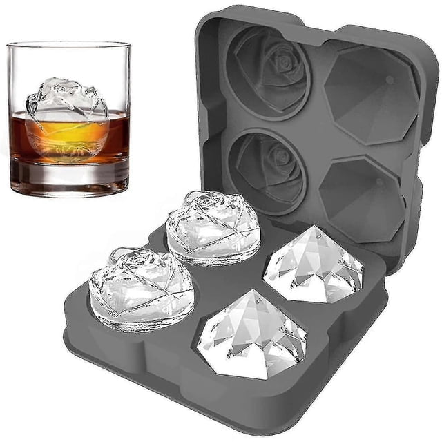 Ice Cube Tray, 2.5 Inch Ice Cube Silicone Molds, 2 Cavity Rose & 2 Diamond Ice Ball Maker