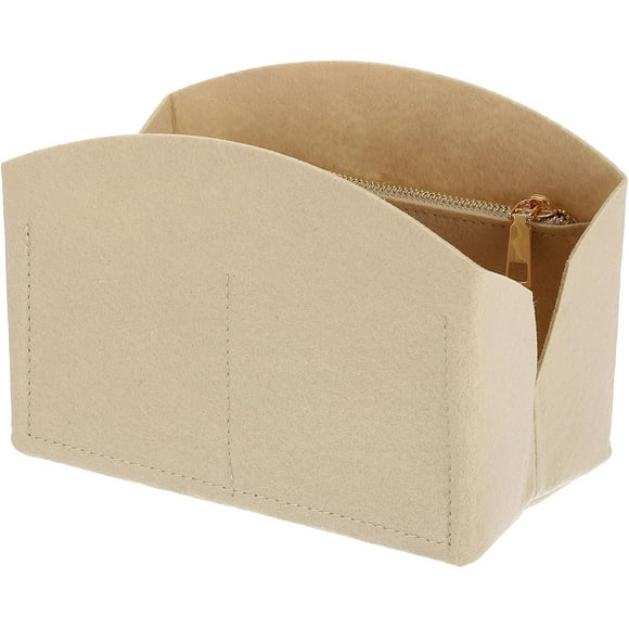 Purse Organizer Insert, Portable Felt Organizer Bags with Metal Zipper Multiple Compartments Purse Liner for Domed Satchel, Tote Bag, Handbag Shaper (8" x 4" x 5.5", Beige)