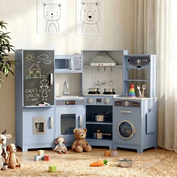 Pirecart Toddler Corner Play Kitchen, Kids Kitchen Playset with Stove & Real Sound Range Hood, Blackboard, 6Pcs Cooking Accessories,Gift for Age 3 , Blue
