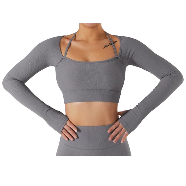 Top de Yoga para mujer, manga larga, cuello cuadrado, dobladillo más ancho, cintura alta, diseño de punta de los dedos, ropa deportiva de secado rápido