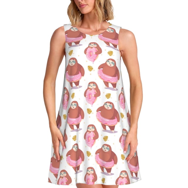 Fotbe Sloth with Donuts1 Vestido de Verano sin Mangas para Mujer – Vestido Midi Línea A, Estilo Camiseta Floral, Vestido Playero Casual y Fluido