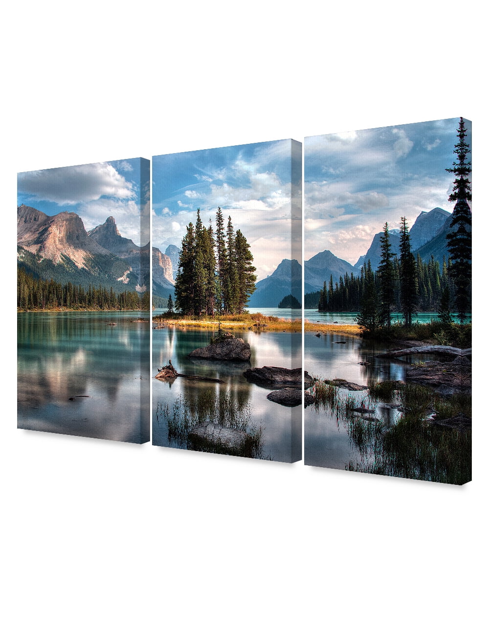 DecorArts Spirit Island, Jasper National with Mountain  Forest(Triptych). Giclee Canvas Prints for Wall Decor.48x32